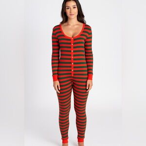 Cotton Blend Orange & Green Striped Thermal Pajama Jumpsuit Size M